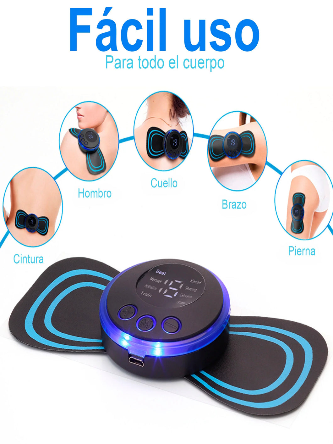 Infografía del mini masajeador EMS con ilustraciones de zonas corporales.