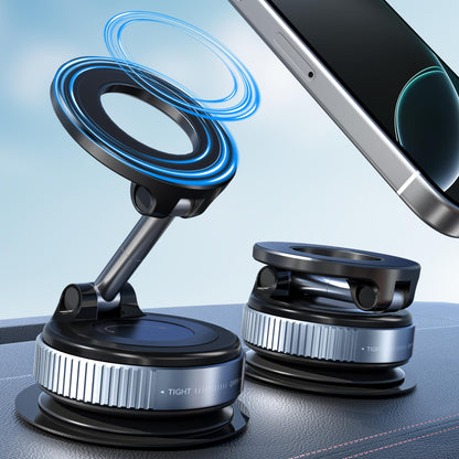 Detalle del cabezal magnético del soporte para celular junto a un teléfono.