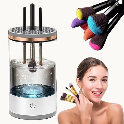 Lava brochas eléctrico junto a brochas de maquillaje y una mujer maquillándose.
