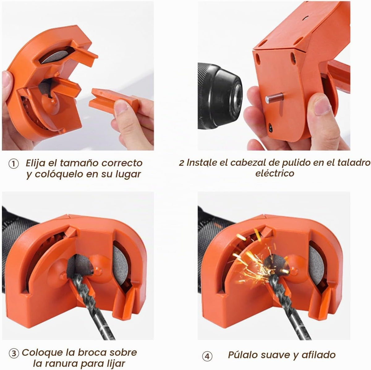 Guía ilustrada de montaje y uso del afilador de brocas naranja con taladro.