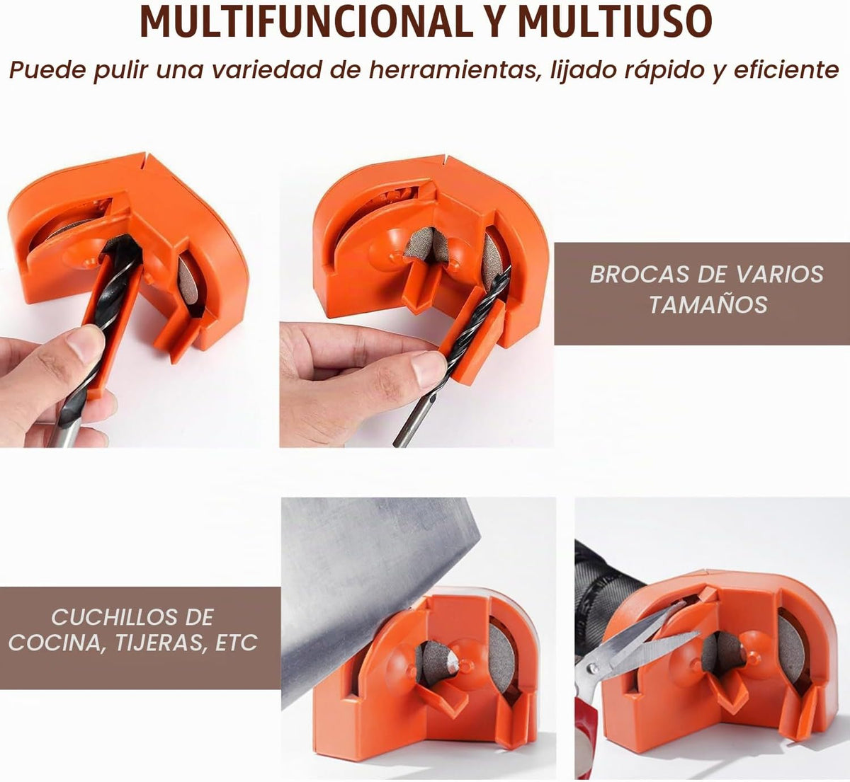 Infografía del afilador naranja con ejemplos de colocación de herramientas.
