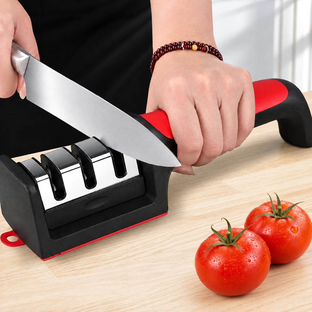 Manos utilizando el afilador de cuchillos junto a tomates sobre una tabla.