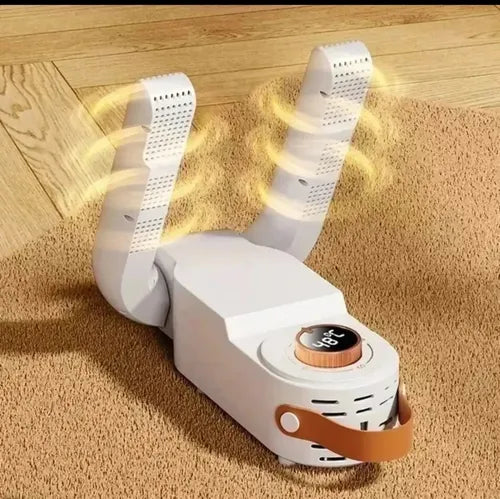 Secador de zapatos con soportes elevados e ilustración de circulación de aire.