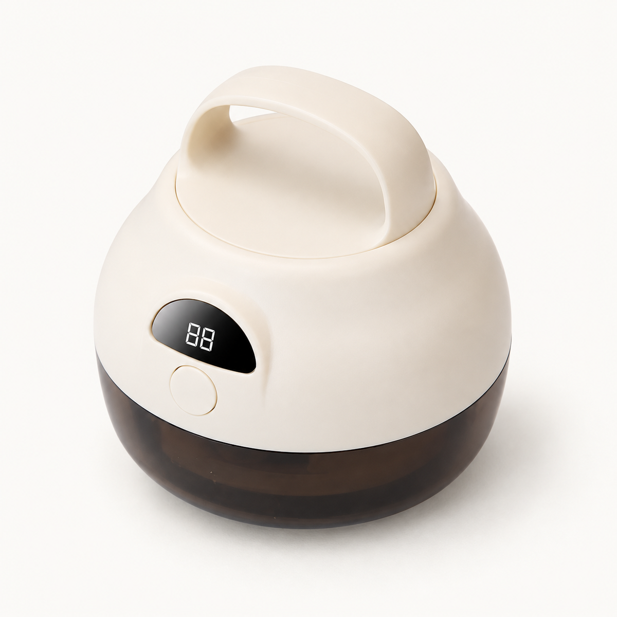 Removedor de pelusas eléctrico color crema con asa, pantalla digital y depósito oscuro.