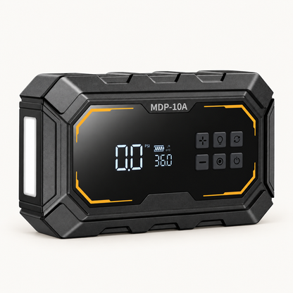 Vista frontal del arrancador MIDIPRO MDP-10A con pantalla digital.