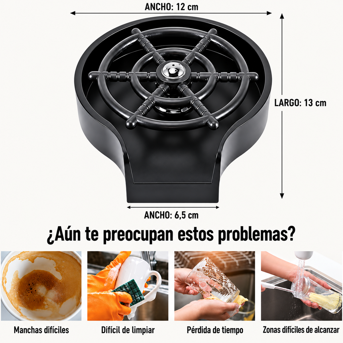 Diagrama de medidas del lava vasos negro y ejemplos de recipientes.