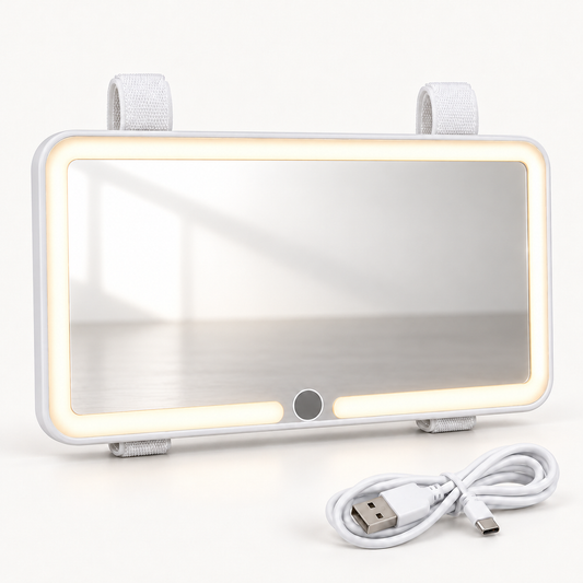 Espejo de maquillaje para auto con borde LED, correas y cable USB.