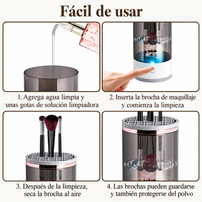 Guía ilustrada de preparación, limpieza, secado y guardado de brochas de maquillaje.