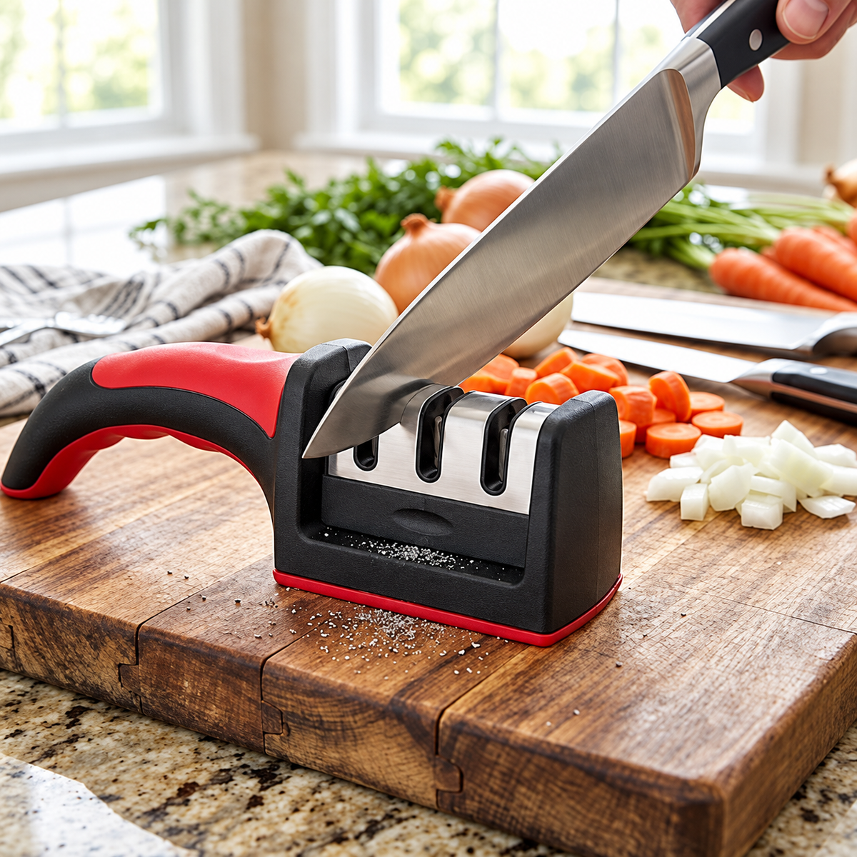 Cuchillo colocado en el afilador rojo y negro sobre una tabla de cocina.