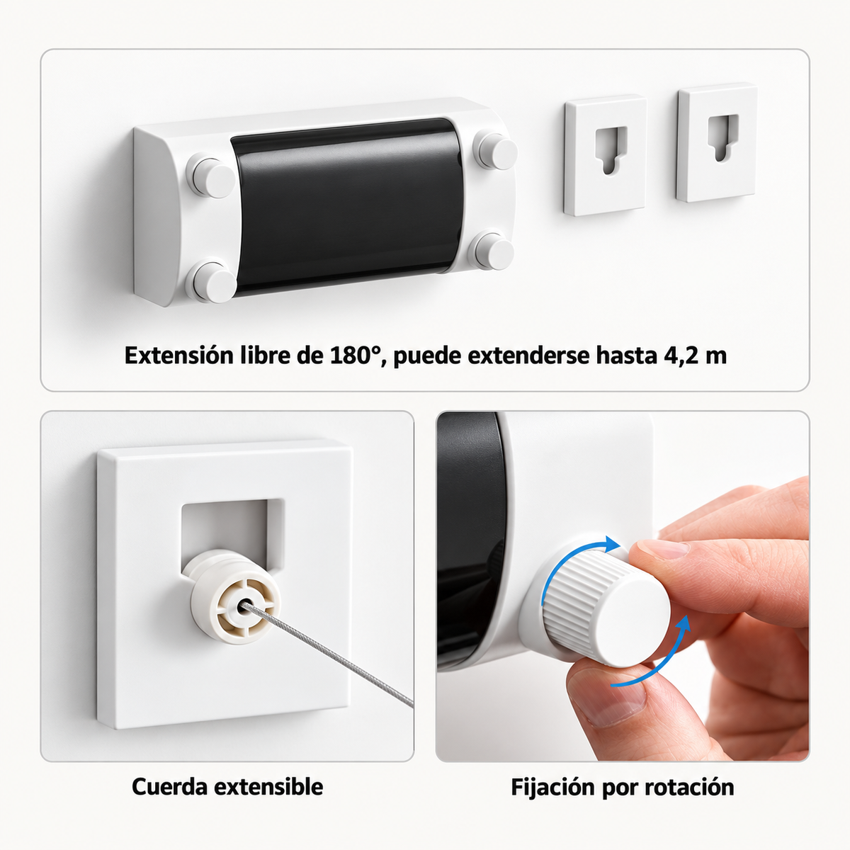 Detalle de las cuerdas extensibles y la perilla de ajuste del tendedero retráctil.