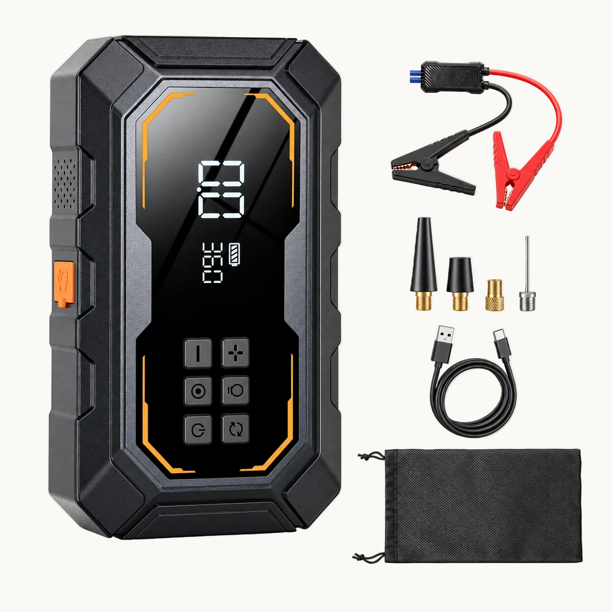 Arrancador MIDIPRO junto a sus pinzas, boquillas, cable y bolsa de guardado.