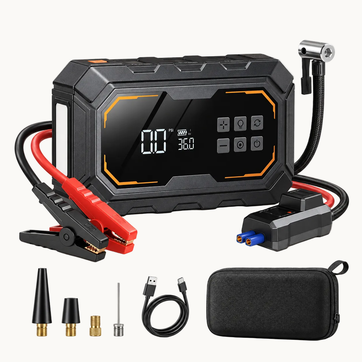 Kit de arrancador y compresor con pinzas, boquillas, cable USB y estuche.