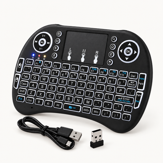 Mini teclado inalámbrico negro con touchpad, cable USB y receptor.