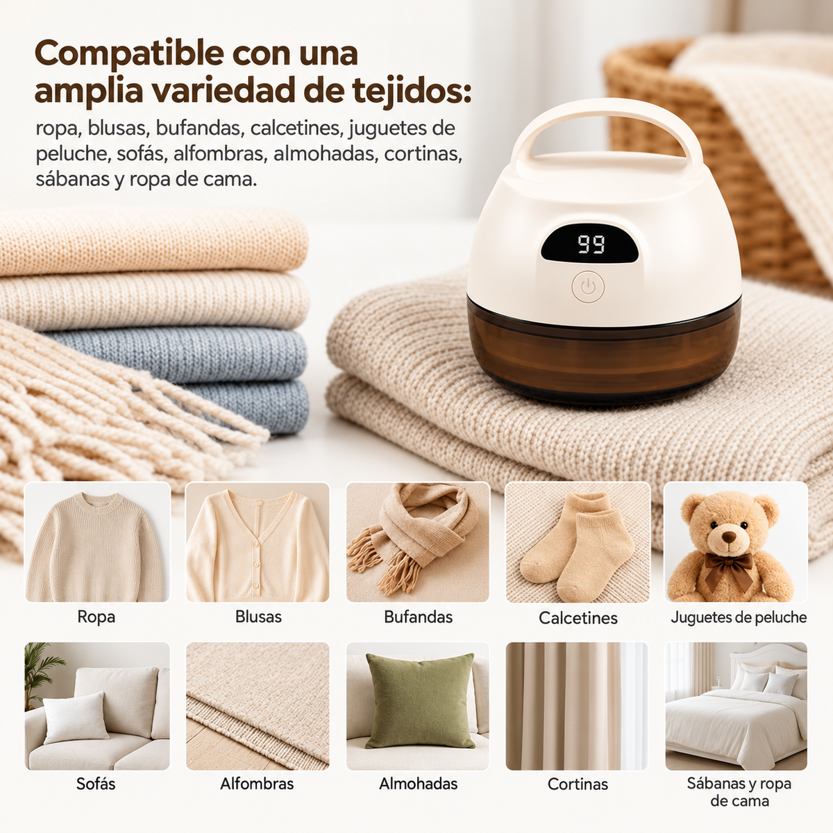 Removedor de pelusas junto a distintos tejidos y ejemplos de textiles para su cuidado.