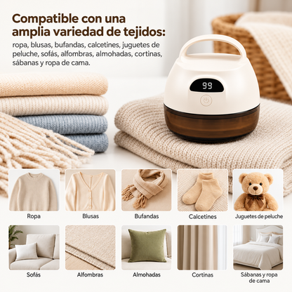 Removedor de pelusas junto a distintos tejidos y ejemplos de textiles para su cuidado.