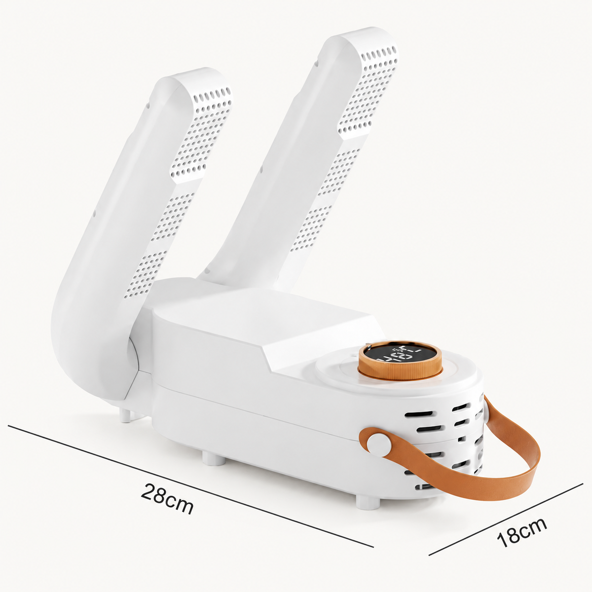 Diagrama de dimensiones del secador de zapatos blanco con asa marrón.