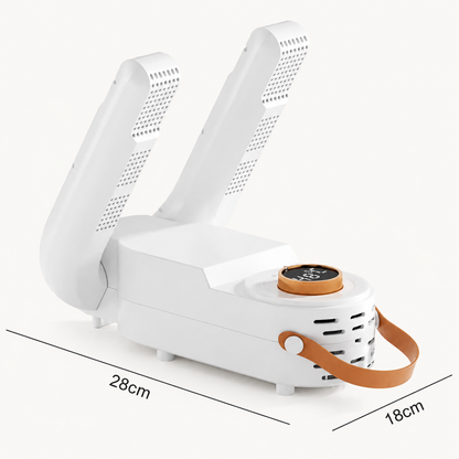 Diagrama de dimensiones del secador de zapatos blanco con asa marrón.