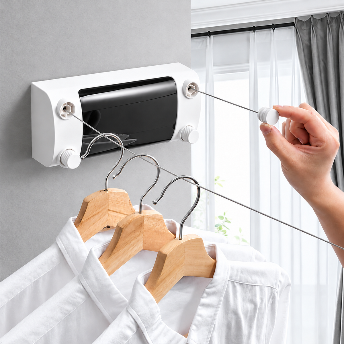 Tendedero de doble línea instalado en la pared con camisas colgadas en perchas.