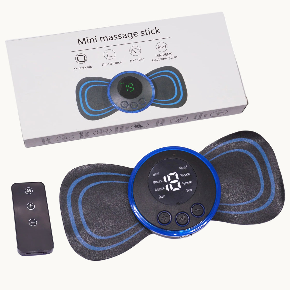masajeador muscular con su caja y control remoto