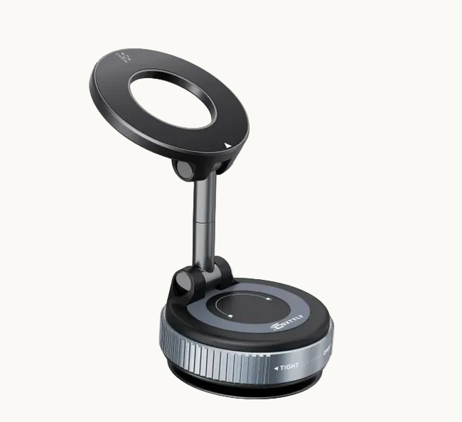 Soporte magnético negro para celular con cabezal circular y base de ventosa.