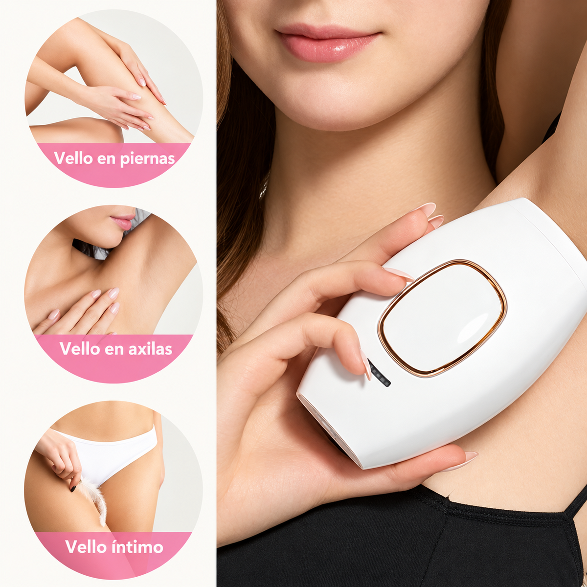Depiladora IPL junto a la axila de una mujer, con imágenes de piernas, axilas y línea del bikini.