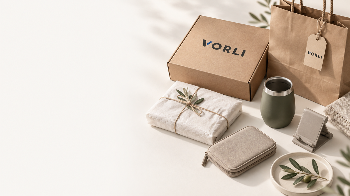 Selección VORLI con packaging kraft y accesorios sobre fondo cálido